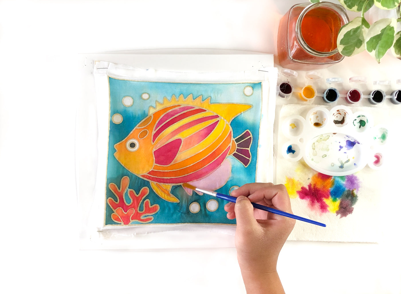 DIY Batik Fish Fabric Painting Kit - 8x8 Inch Pre Drawn Wax Design, Paint, Brush and Palette