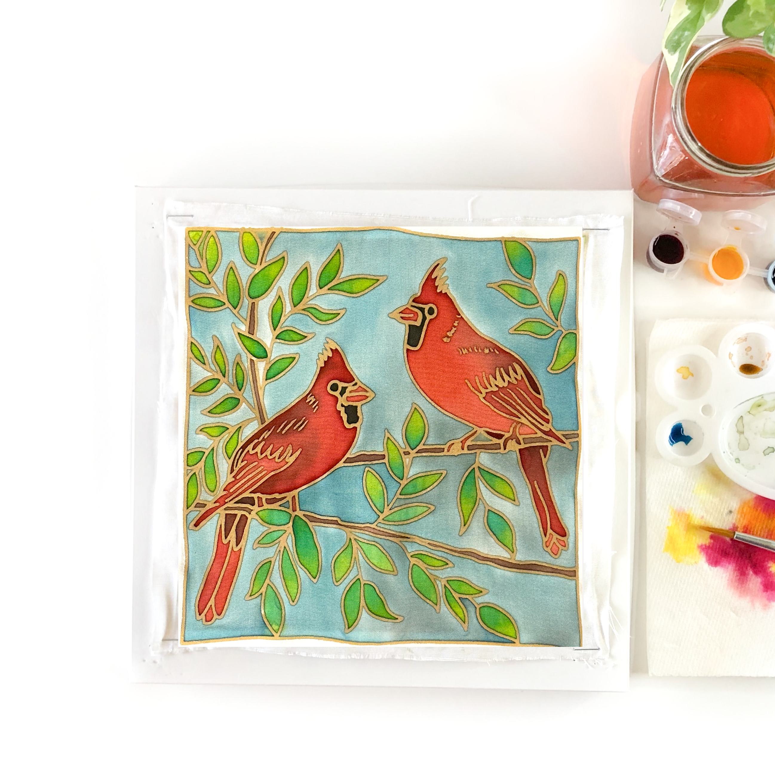 DIY Batik Red Cardinal Fabric Painting Kit - 8x8 Inch Pre Drawn Wax Design, Paint, Brush and Palette