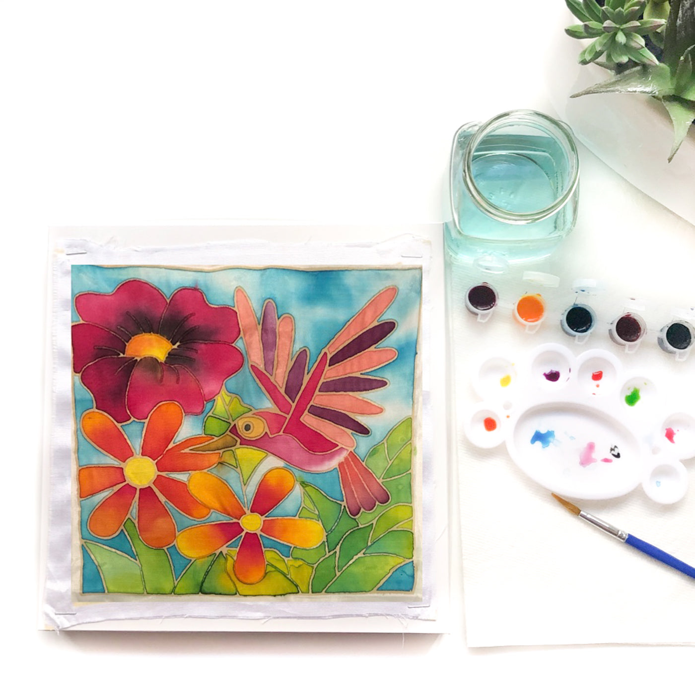 DIY Batik Hummingbird Fabric Painting Kit - 8x8 Inch Pre Drawn Wax Design, Paint, Brush and Palette