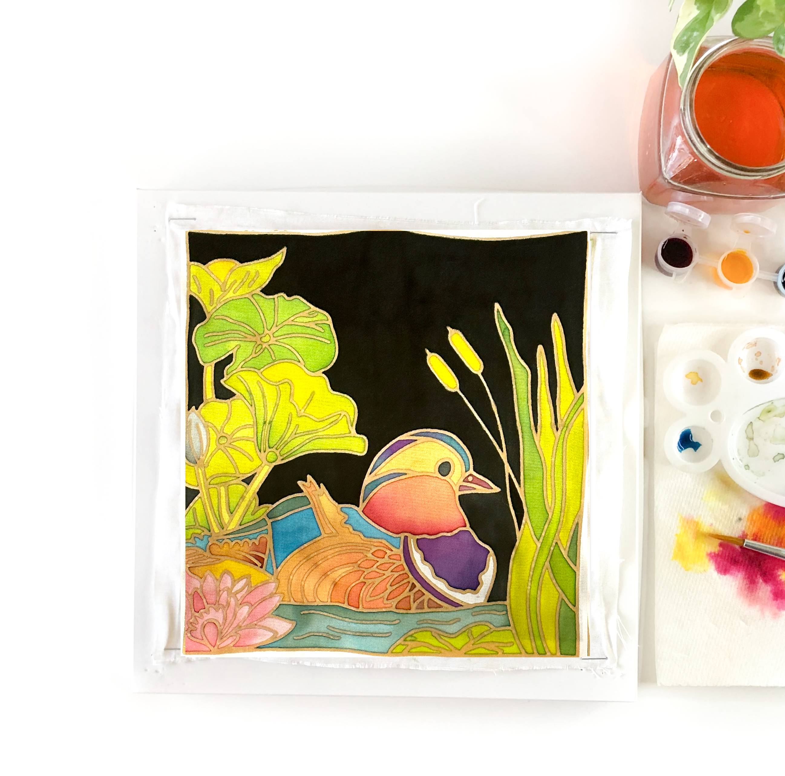 DIY Batik Mandarin Duck Painting Kit - 8x8" Pre Drawn Wax Design, Paint, Brush & Palette