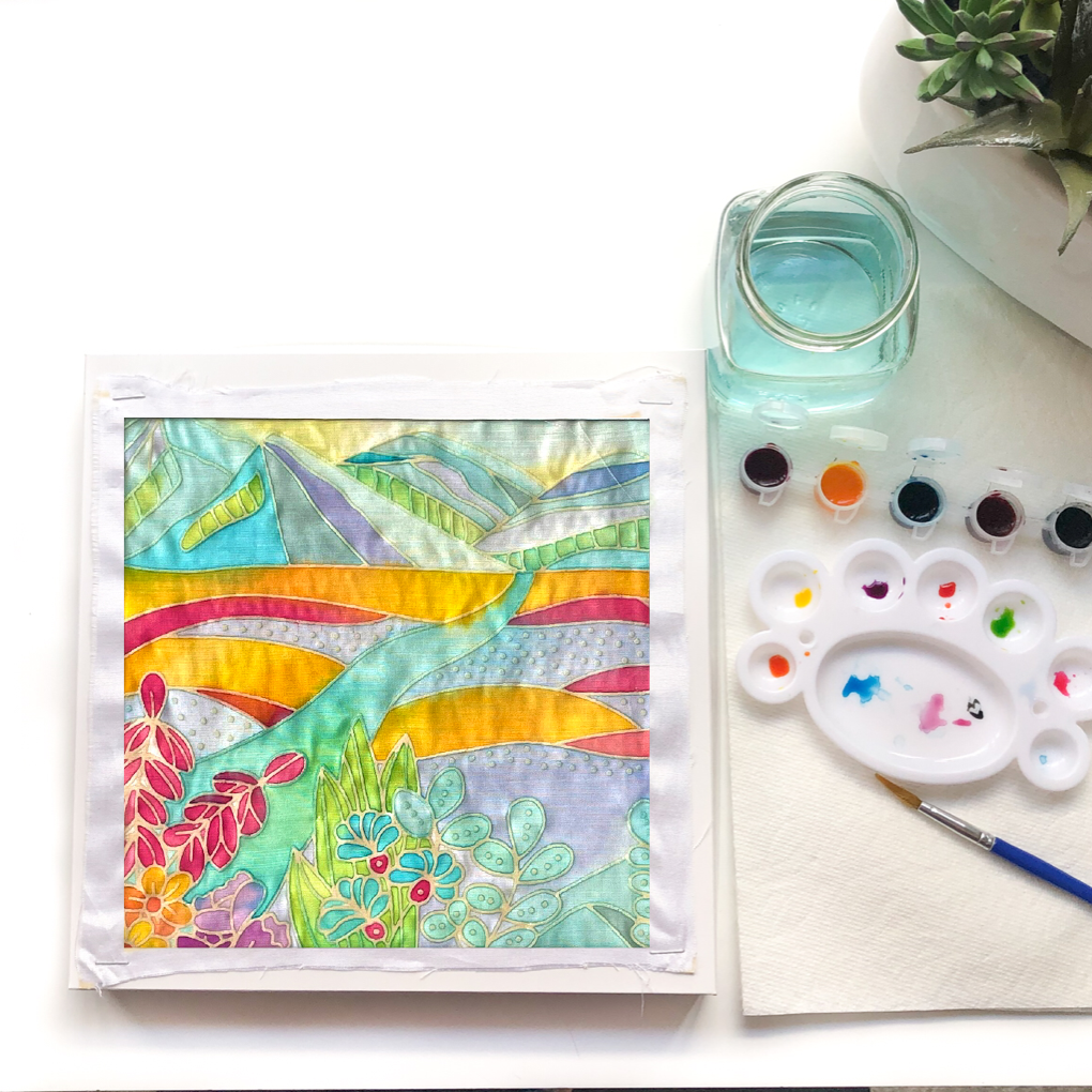 DIY Batik Mountain Fabric Painting Kit - 8x8 Inch Pre Drawn Wax Design, Paint, Brush and Palette
