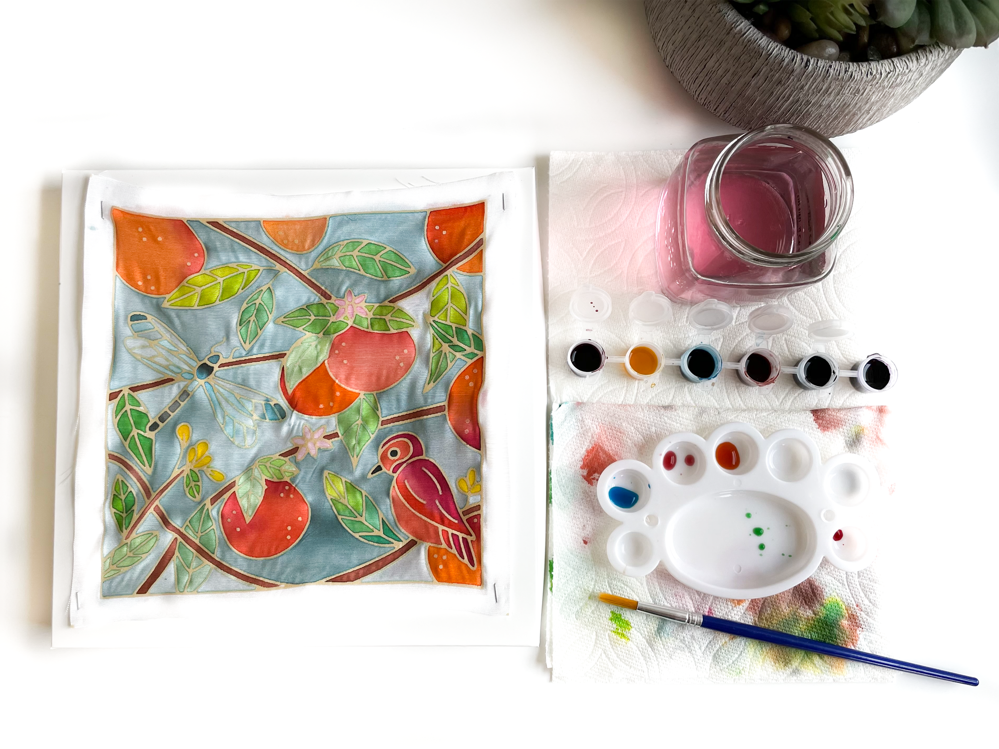 DIY Batik Oranges Fabric Painting Kit - 8x8 Inch Pre Drawn Wax Design, Paint, Brush and Palette