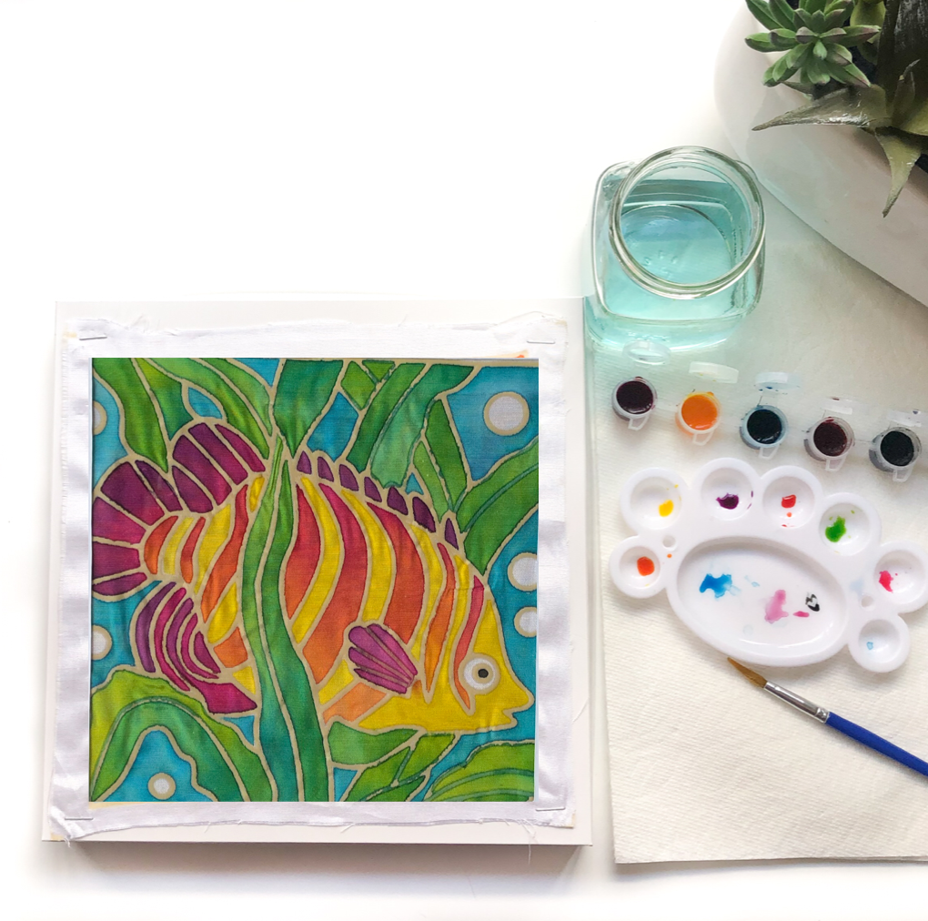 DIY Batik Tropical Fish Fabric Painting Kit - 8x8 Inch Wax Design, Paint, Brush and Palette