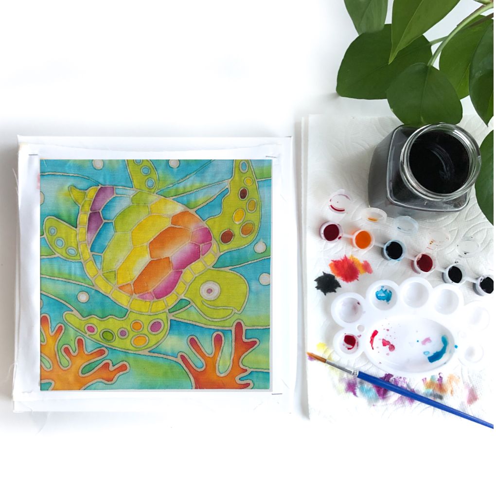 DIY Batik Turtle Fabric Painting Kit - 8x8 Inch Pre Drawn Wax Design, Paint, Brush and Palette