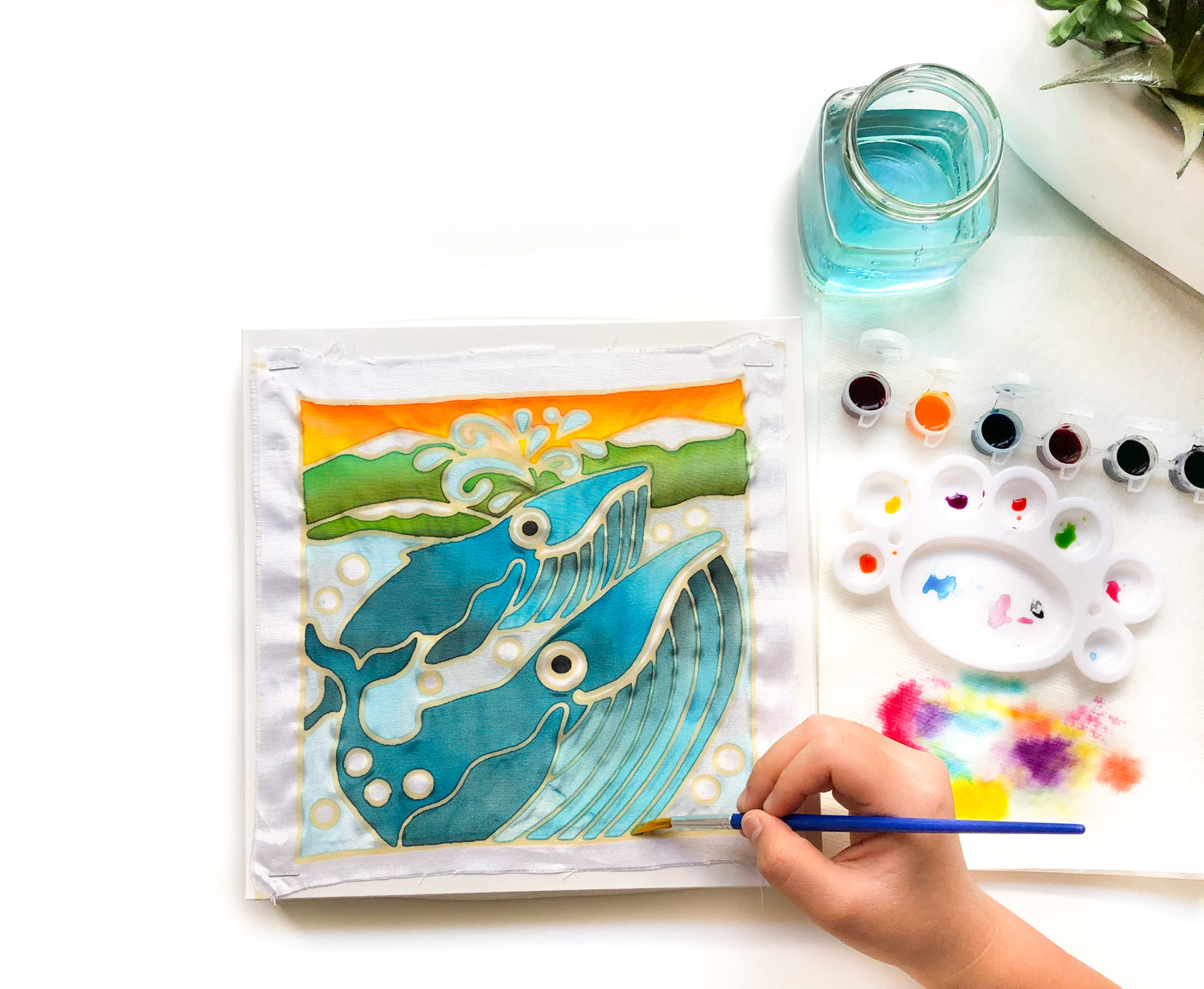 DIY Batik Whale Fabric Painting Kit - 8x8 Inch Pre Drawn Wax Design, Paint, Brush and Palette